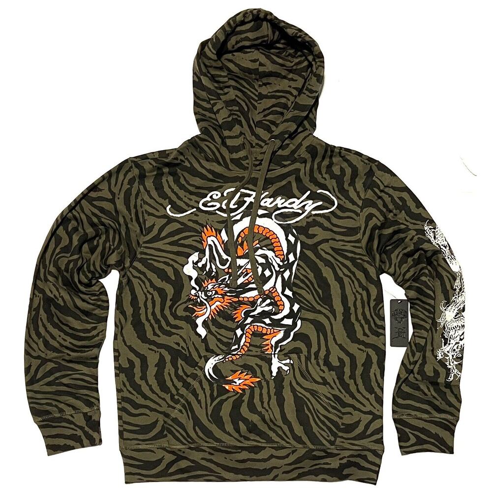 Ed Hardy DRAGON Zebra Stripes Pullover Hoodie Mens Sz M Sweatshirt NWT